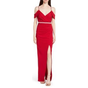 LNL LOVE, NICKIE LEW Cap Sleeve Jersey Gown Red Formal Dress Front Slit Women M